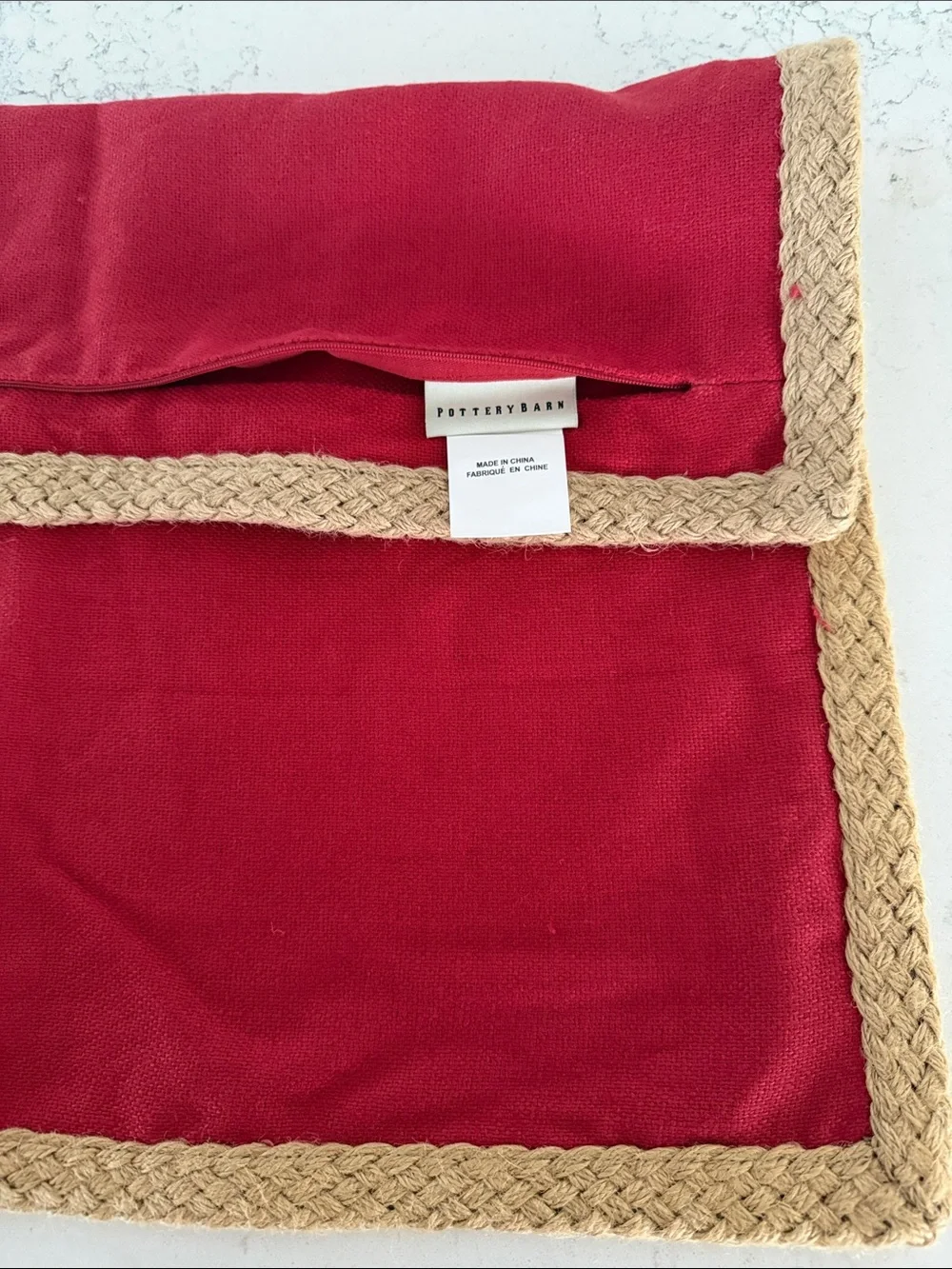 Pottery Barn Red Pillow Cover with Braided Tan Trim